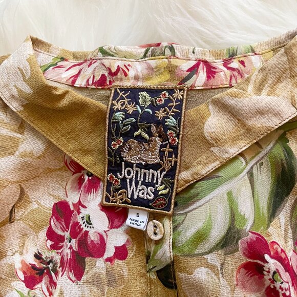 Johnny Was Mustard Yellow Vintage Rose Floral Yrene Silk Long Sleeve Blouse - Picture 6 of 7